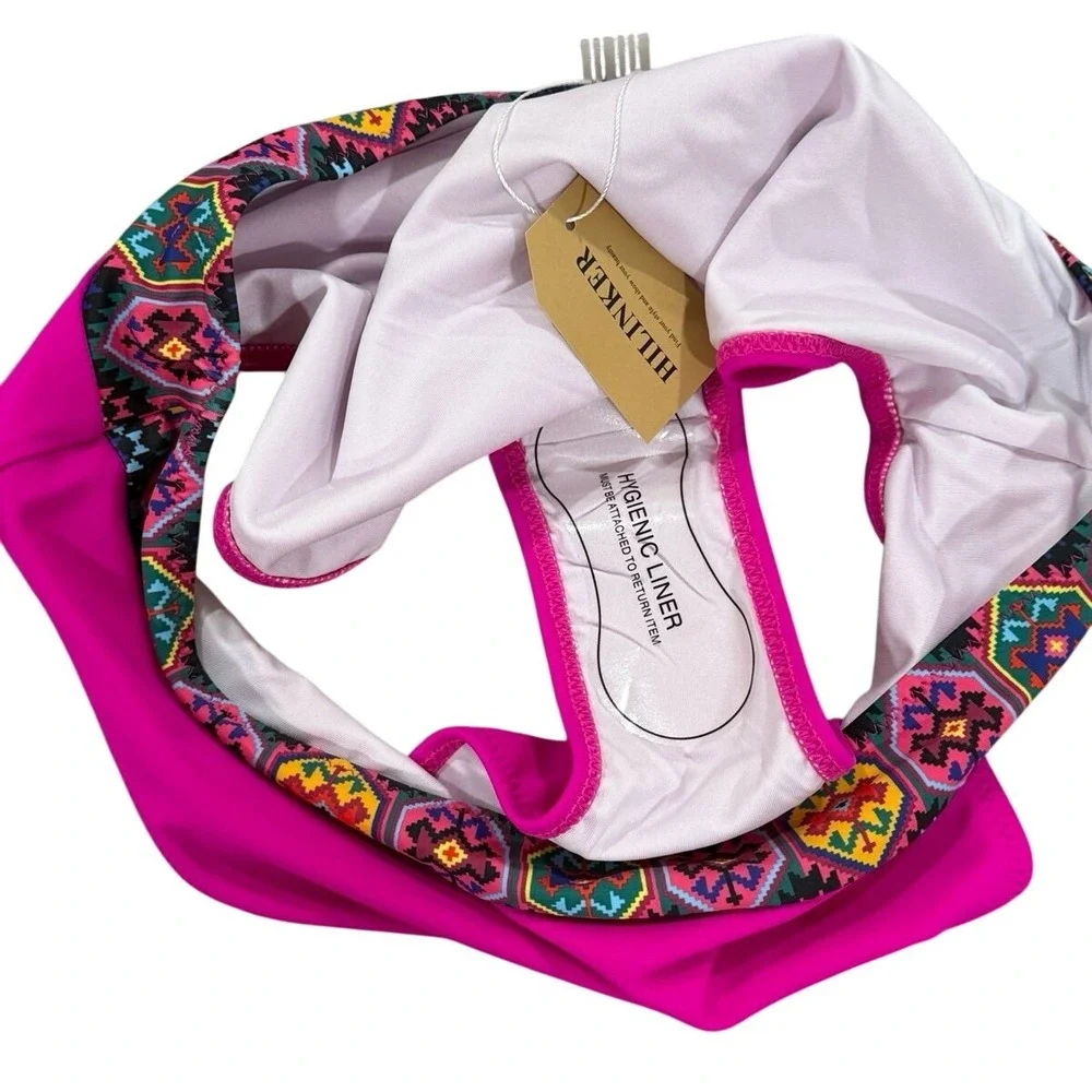 Hilinker One Shoulder Bikini Set Pink Tribal Trim High Waisted Large‎